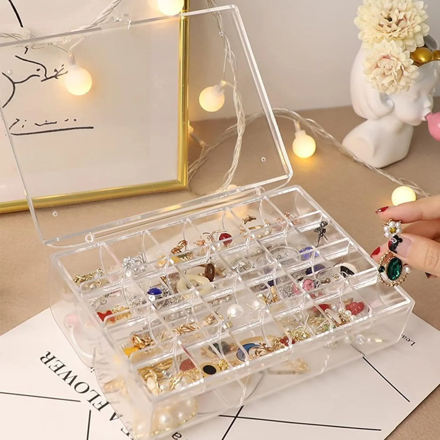 2 layer Acrylic Jewelry Storage Box Dustproof Earring Box, Storage Box Portable Nail Art Storage Case, 24-Grid Small and 6-Grid Big case Makeup Vanity Box (1 Pc / 30 Compartment)
