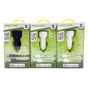 Car Charger Dual USB Ports with USB to Lightning Charging Cable Set - 3 Pieces Per Pack 24620