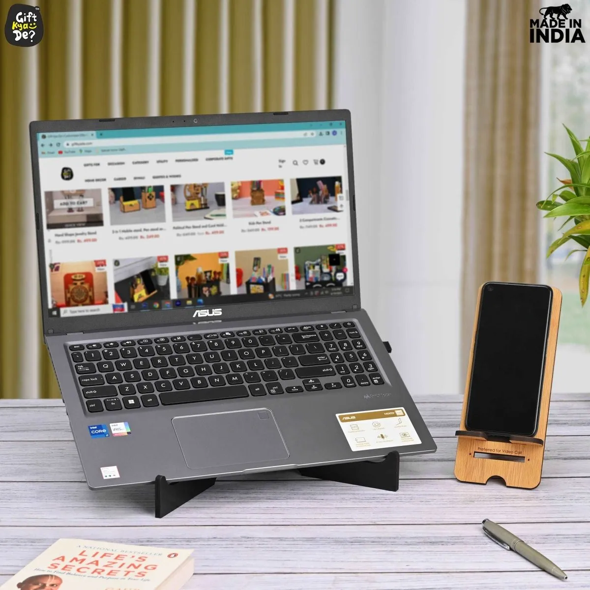 Cross Laptop Stand For Desk With Mobile Stand | Portable Easy to Carry | Compatible with All (2 pc Combo Pack) (eco Friendly)