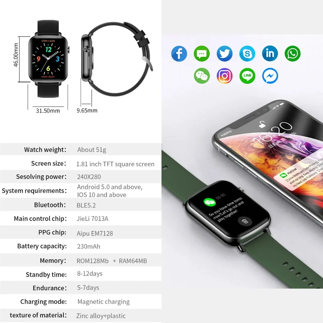 TUTT H90 Men and Women Fashion Smart Watch Reloj BT Call Fashion Design with 1.81 inch HD Screen Heart Rate Monitor Fitness Tracking |Two Straps Rubber &Steel