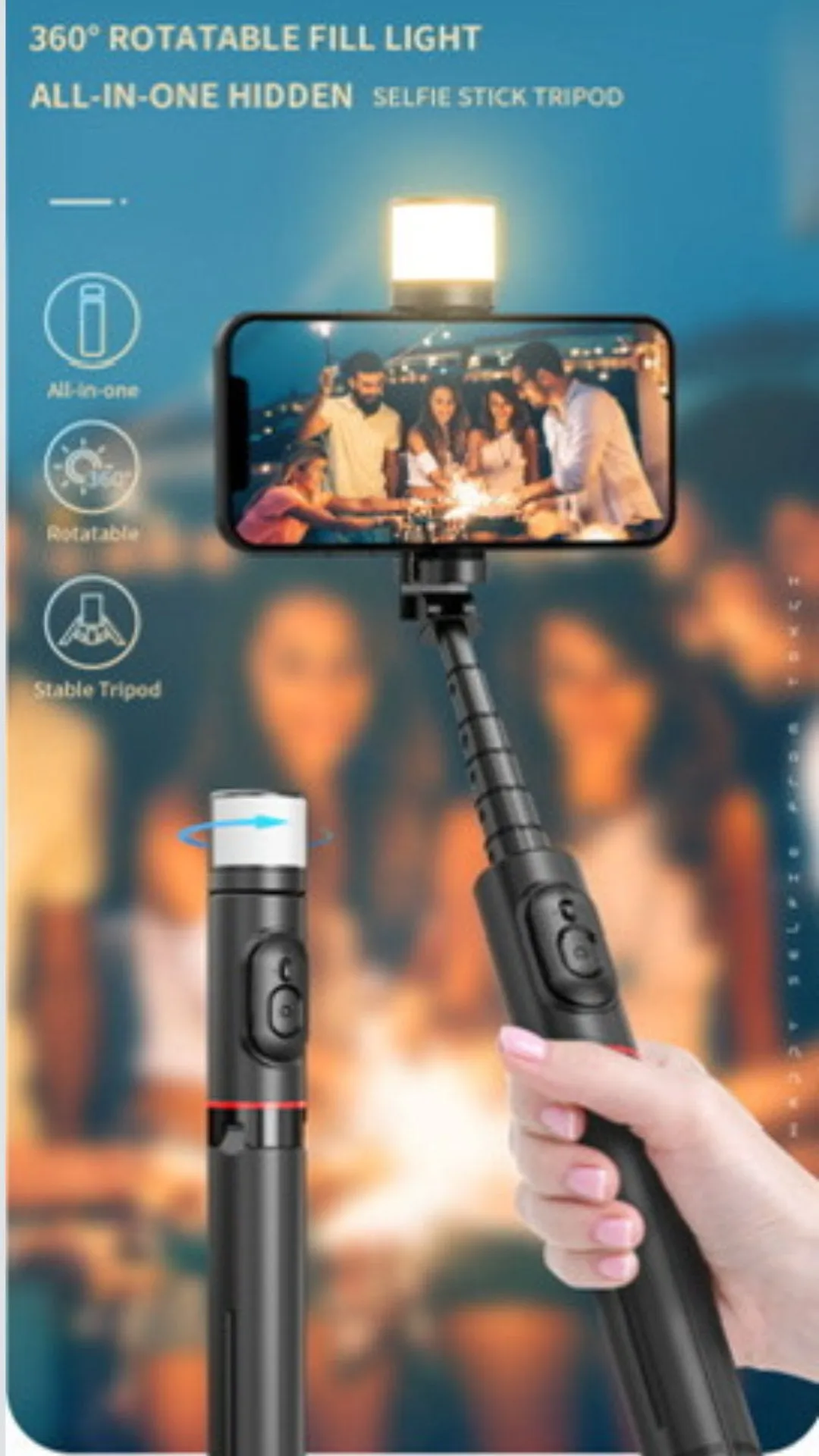 TUTT Q12 Selfie Stick Phone Holder with Fill-light Backlight | Detachable Remote Control | Foldable Rotatable 360"
